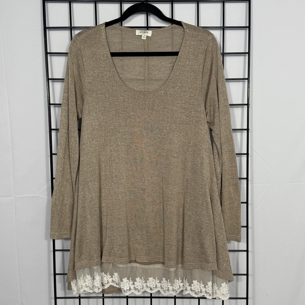 Umgee Tunic Sweater Womens M Beige 3 Hi-Lo Lace Trim Boho Hippie Casual Cottage